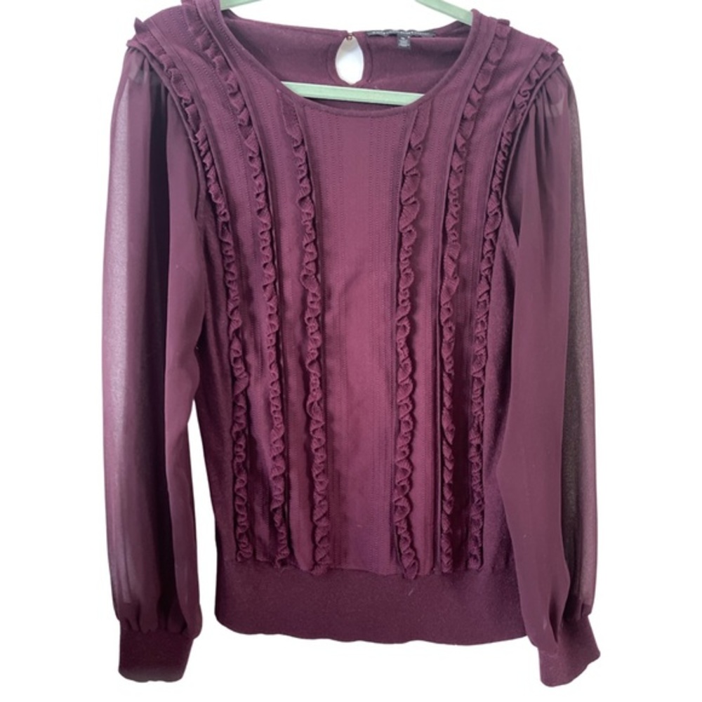 White House Black Market Maroon blouse with sheer long sleeves and detailed knit